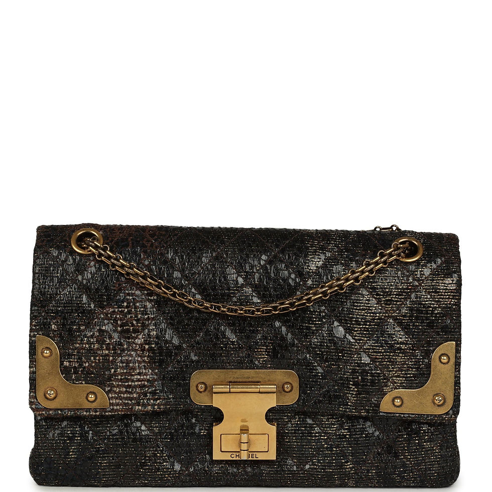 Front view of the Chanel Paris-Shanghai Reissue 226 bag in gold glazed tweed with antique gold corner plates