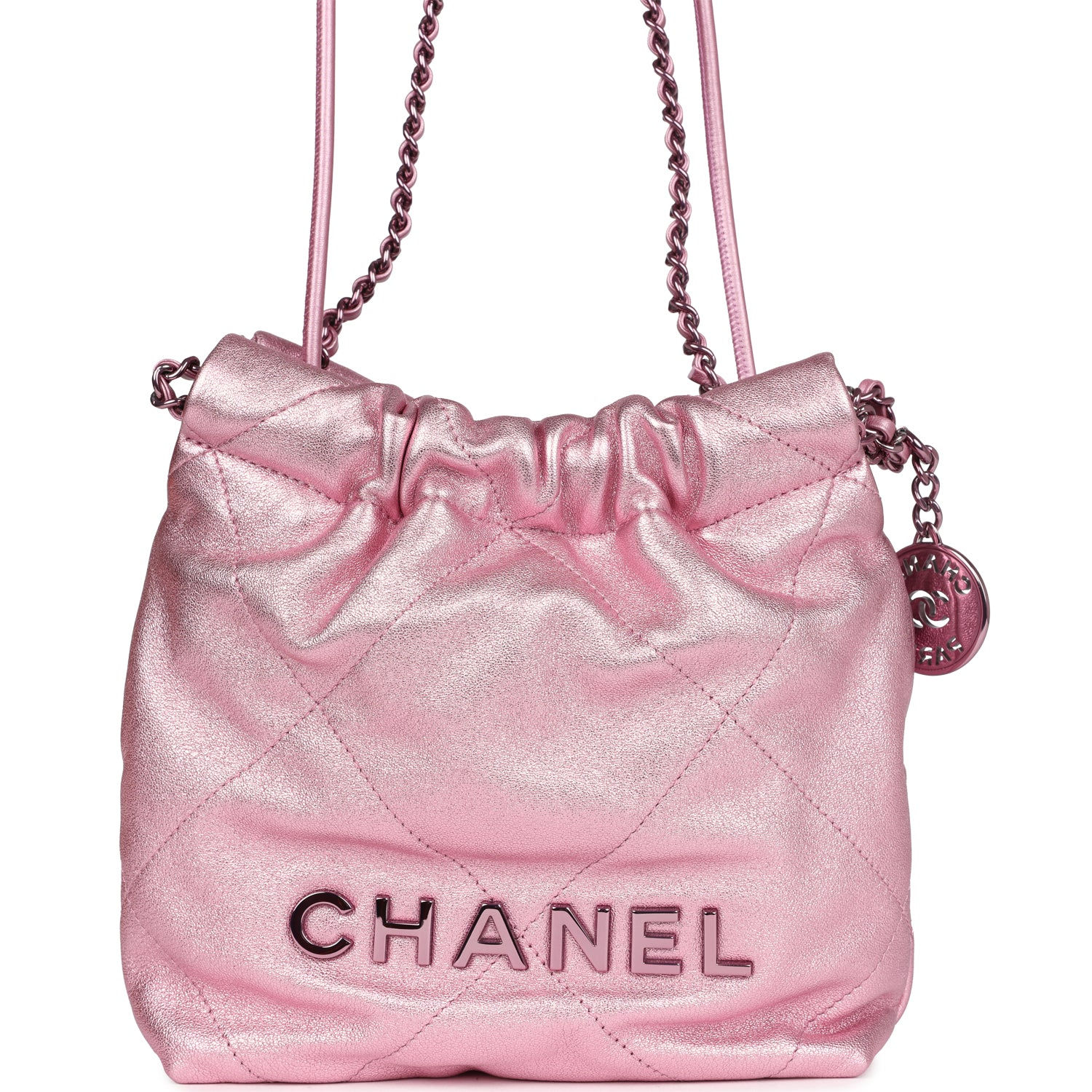Chanel 22 Mini bag in metallic pink lambskin with lacquered chain strap and charm