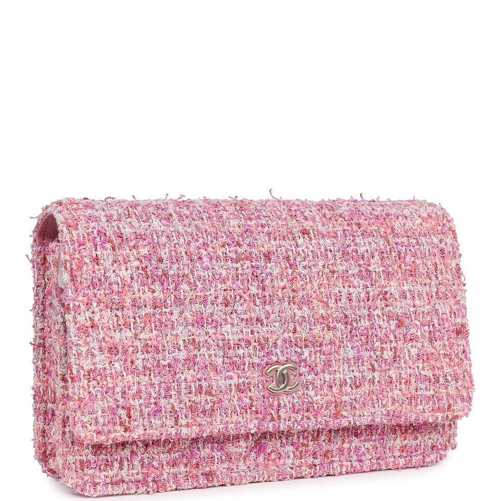 Side profile showing the textured tweed panel and gold-tone chain strap