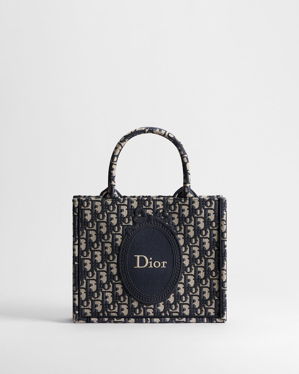 Thumbnail: Dior Small Book Tote with strap in blue Dior Oblique jacquard with Médaillon – front view