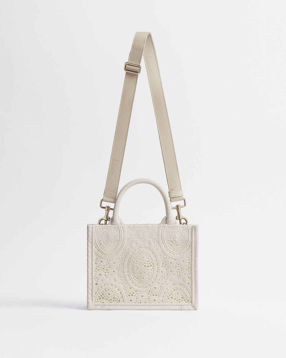 Dior Mini Book Tote with strap in white crochet embroidery – view 2