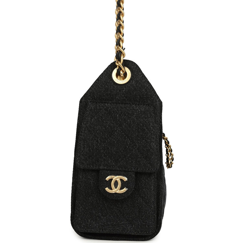 Thumbnail: Front view of the black denim hobo bag with plastic visible on the CC turnlock