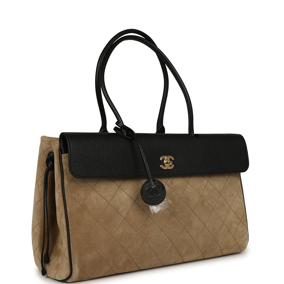 Three-quarter view of the tote showing the two-tone panels and chain strap