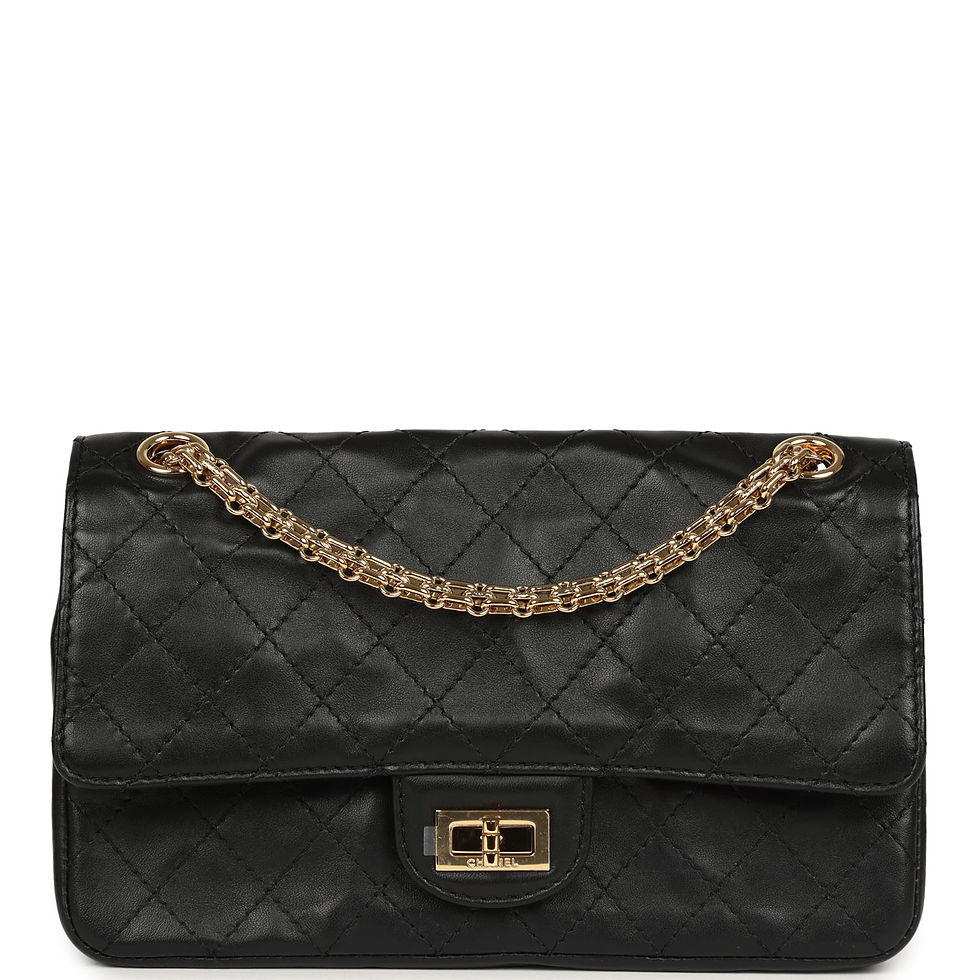 Front view of the Chanel Small Crush Reissue 225 bag in black lambskin with the aged gold Mademoiselle turn-lock