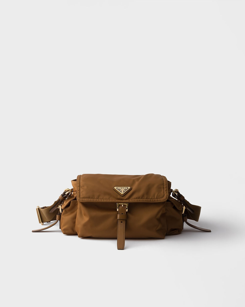 Prada Explore medium shoulder bag with flap in brandy Re-Nylon – front view