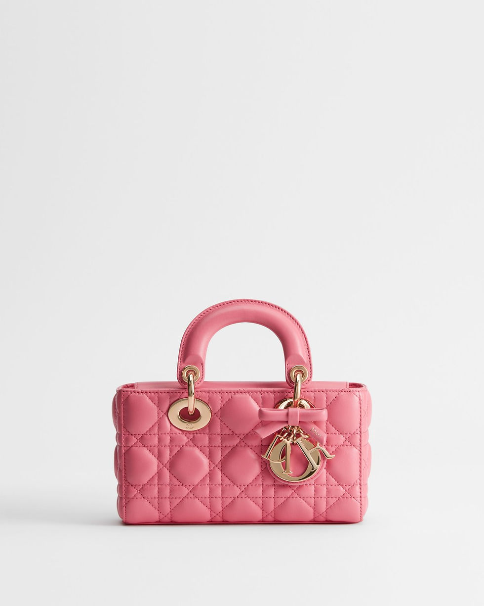 Dior Mini Lady D-Joy bag with bow in Fraise pink Cannage lambskin – front view