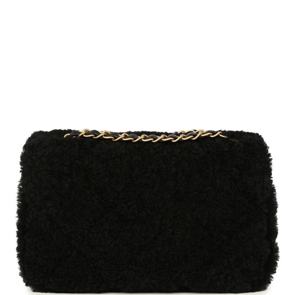 Thumbnail: Back view of the black shearling flap bag showing the quilted lambskin base panel