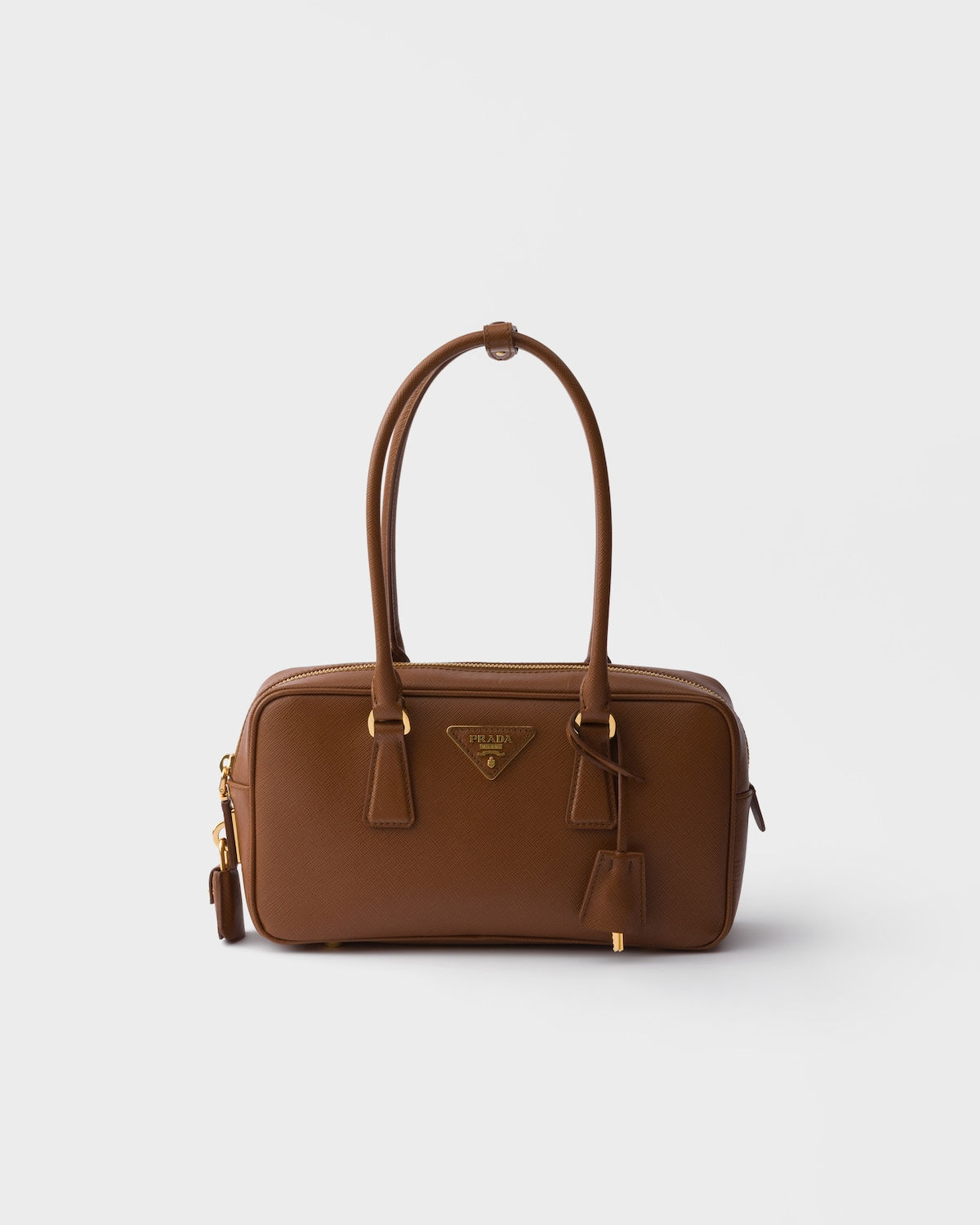 Prada small rectangular top-handle bag in cognac Saffiano leather – front view