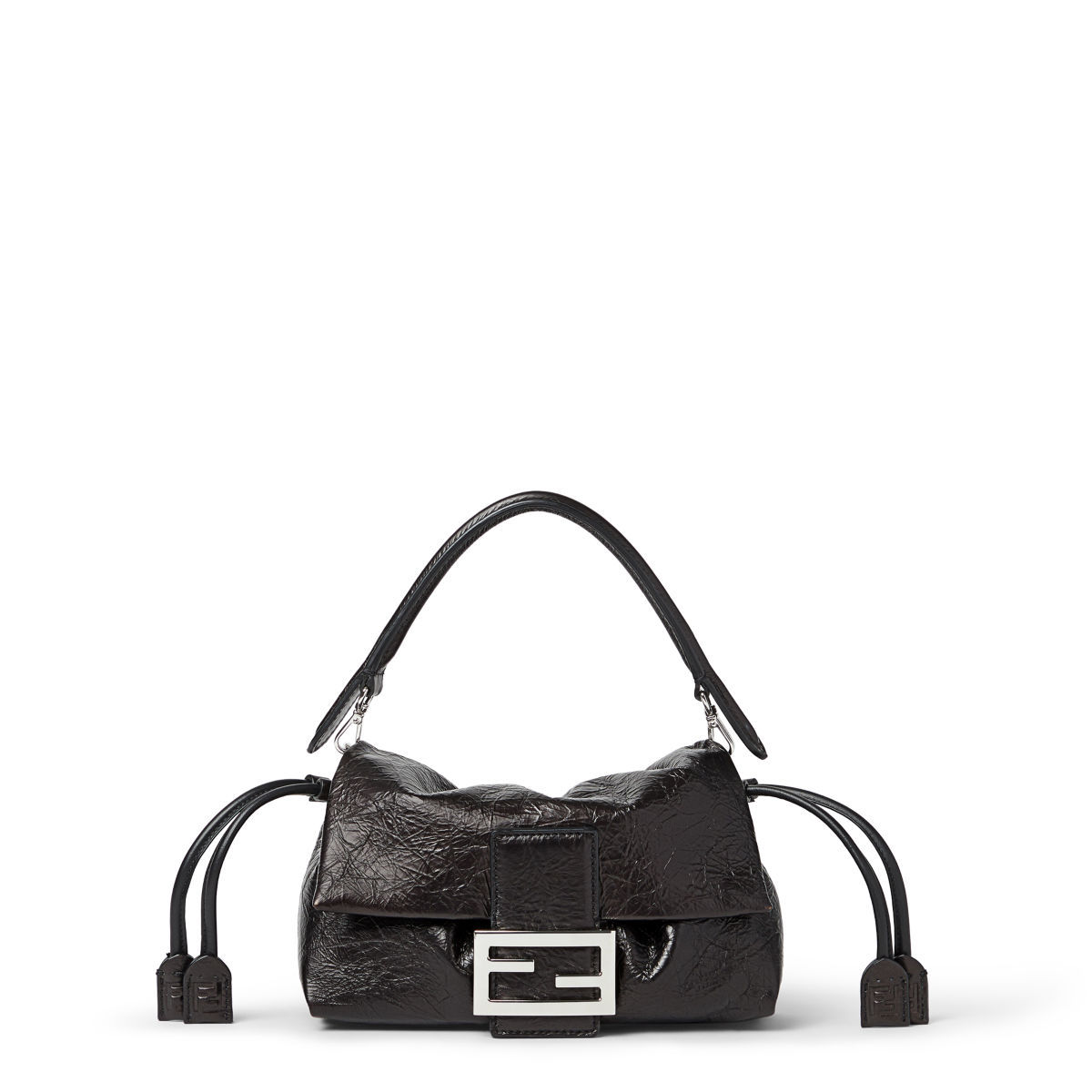 Fendi Baguette Soft Small bag in black crackled calfskin – front view