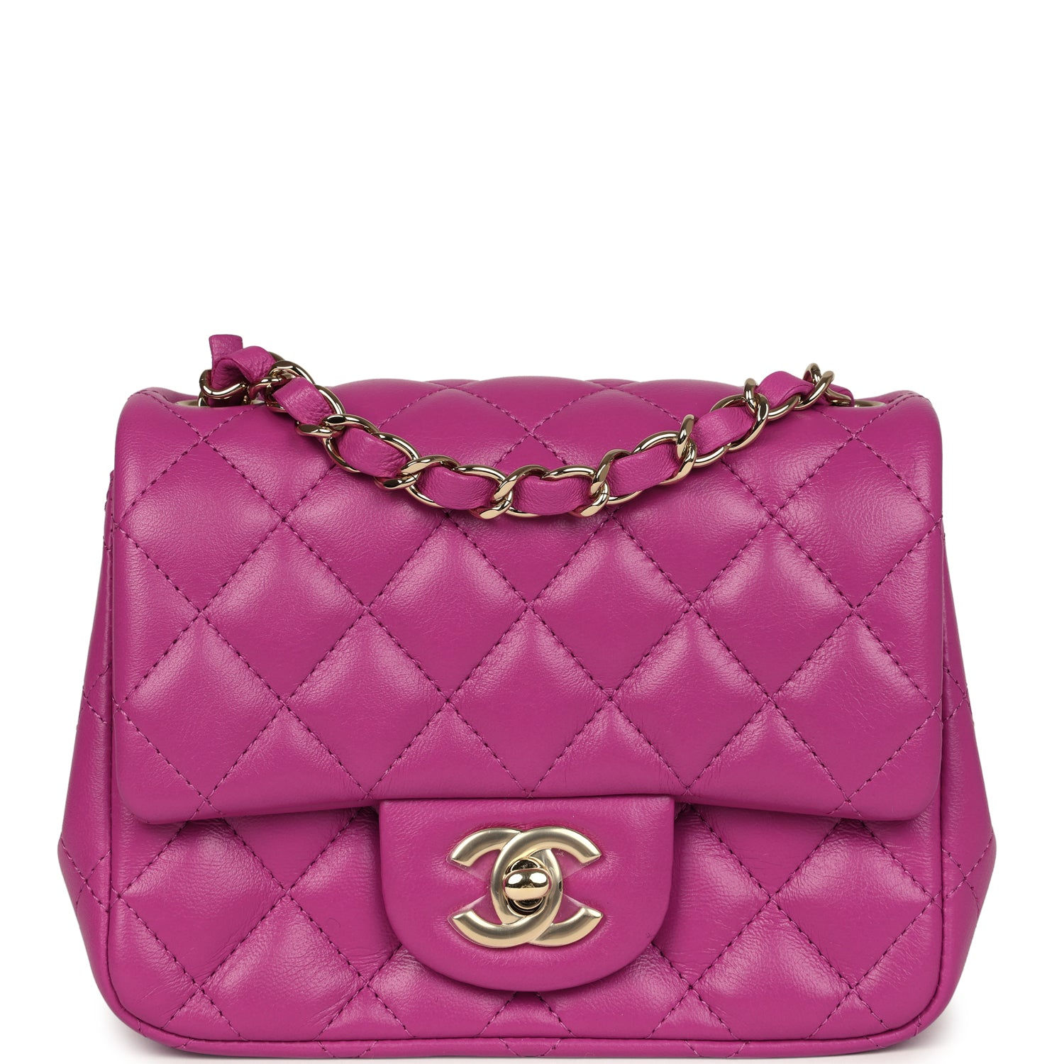 Chanel Mini Square Flap Bag in purple lambskin, front view with gold CC turnlock
