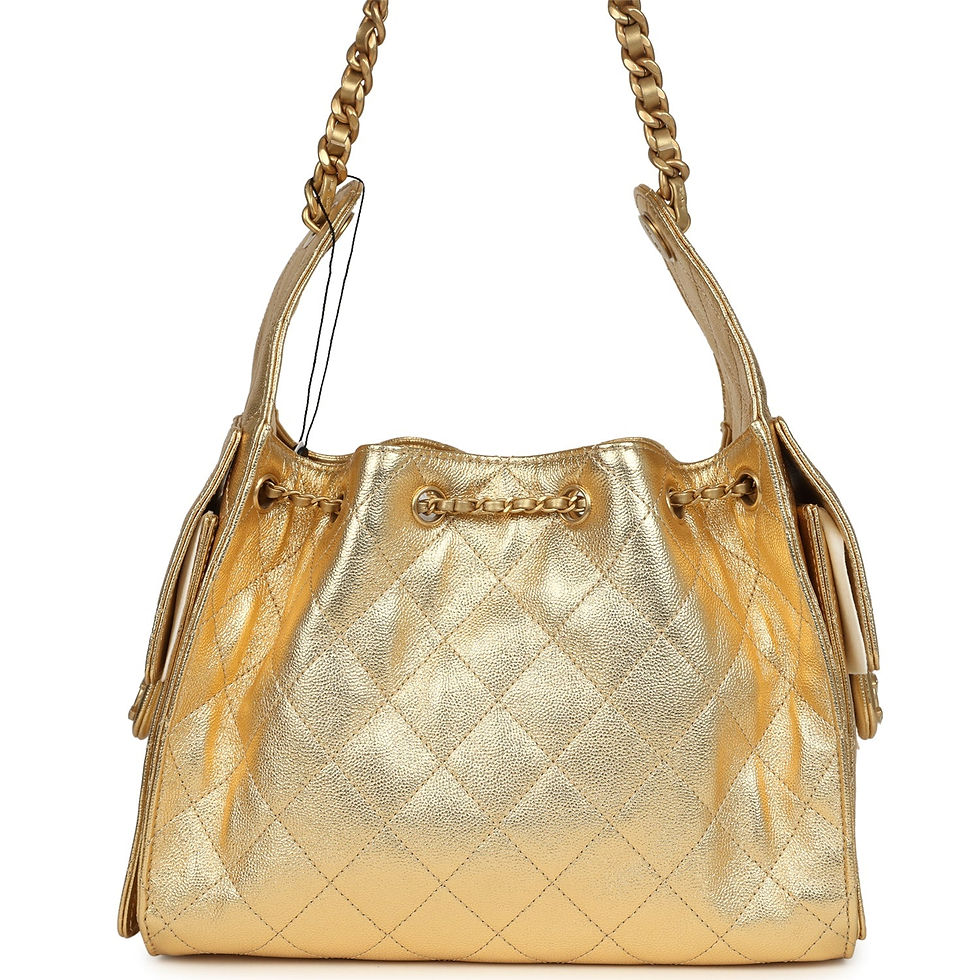 Thumbnail: Angled side view showing the depth and drawstring opening of the metallic gold hobo bag
