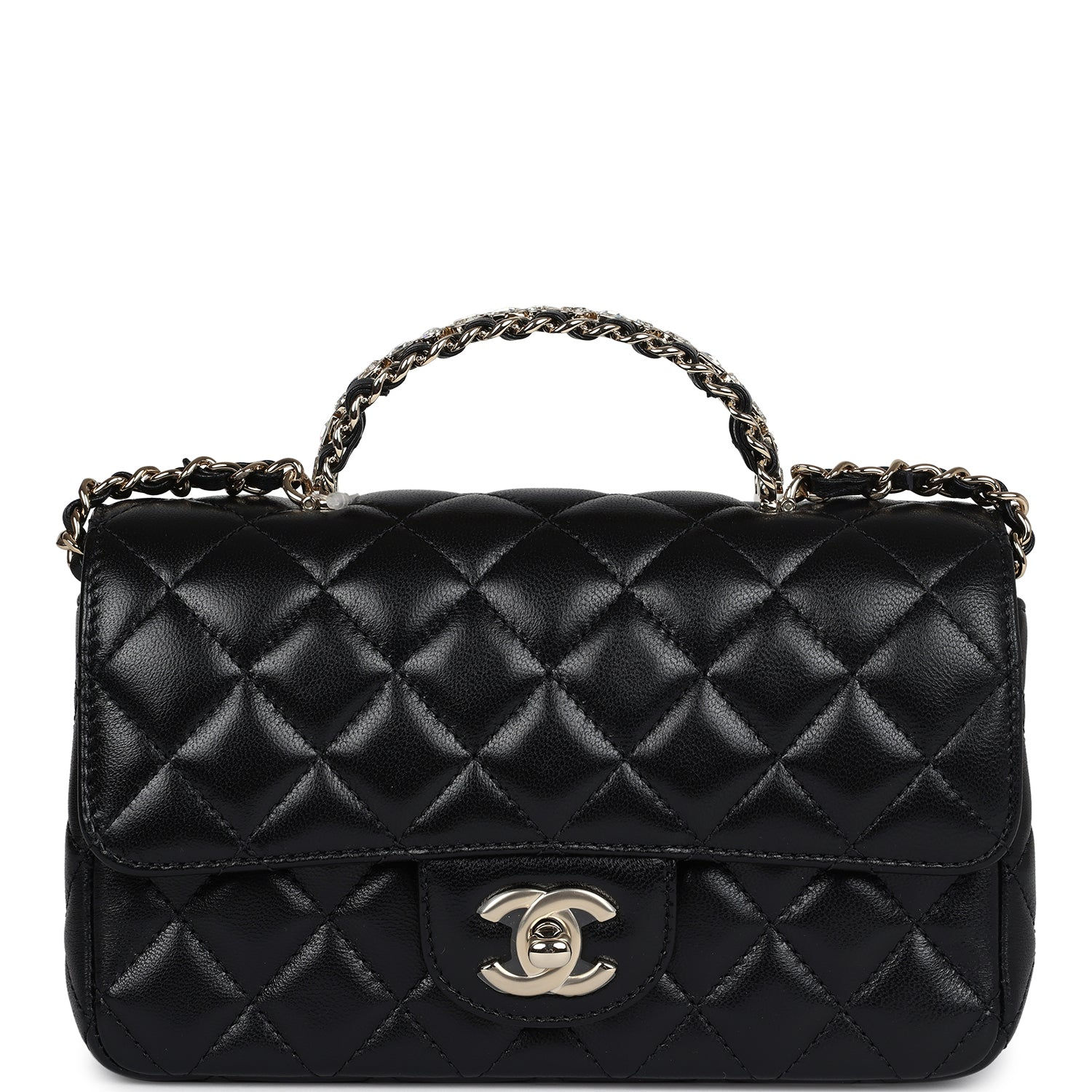 Chanel Mini Rectangular Crystal Top Handle Flap Bag in black lambskin, front view
