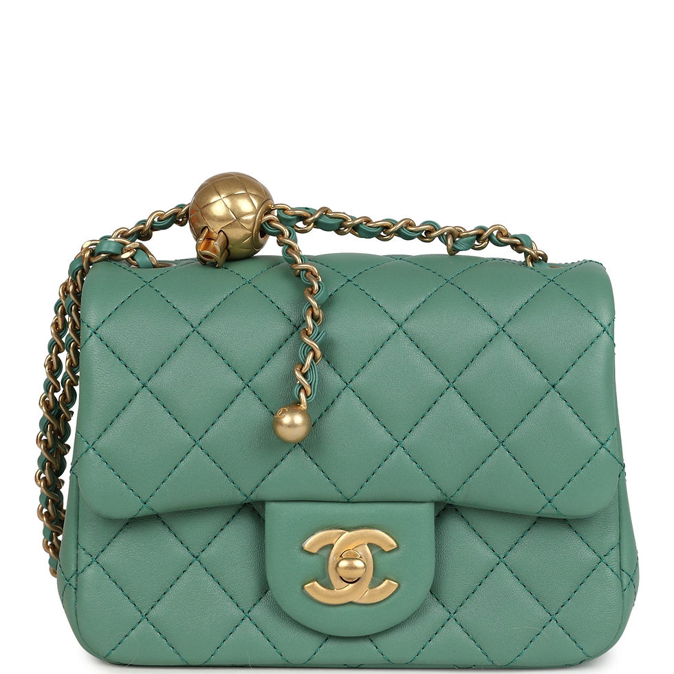 Chanel Mini Square Pearl Crush Flap Bag in green lambskin, shown front-facing with antique gold hardware