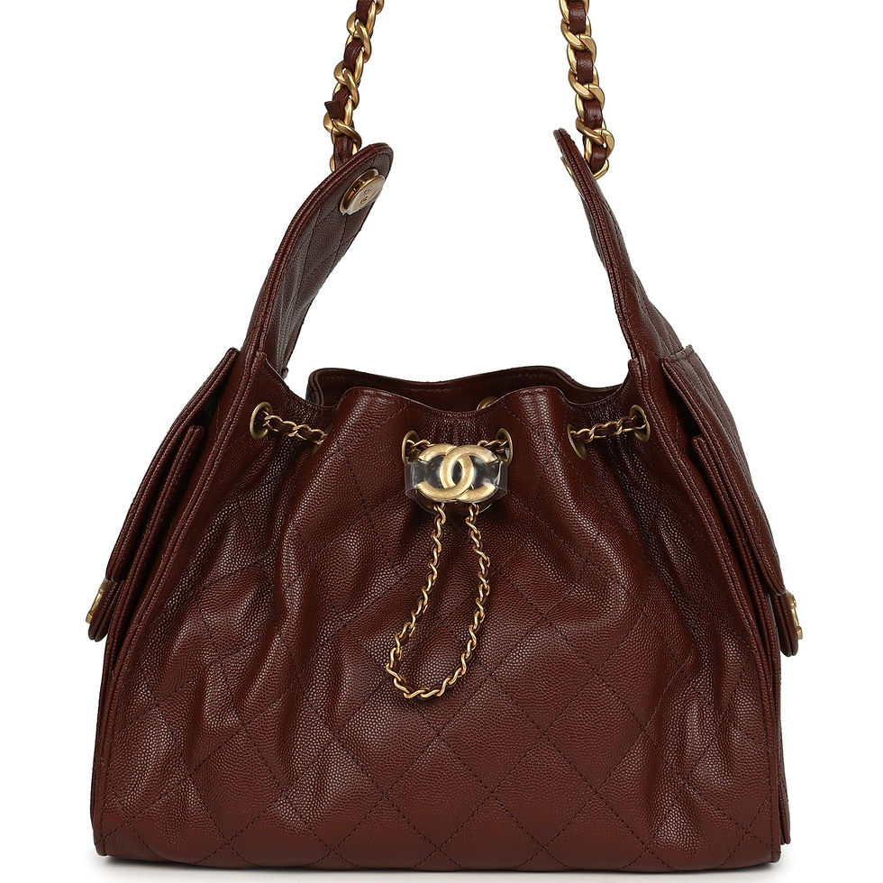 Chanel Small 25 Hobo Bag in deep brown caviar leather, front view with drawstring and gold CC turnlock