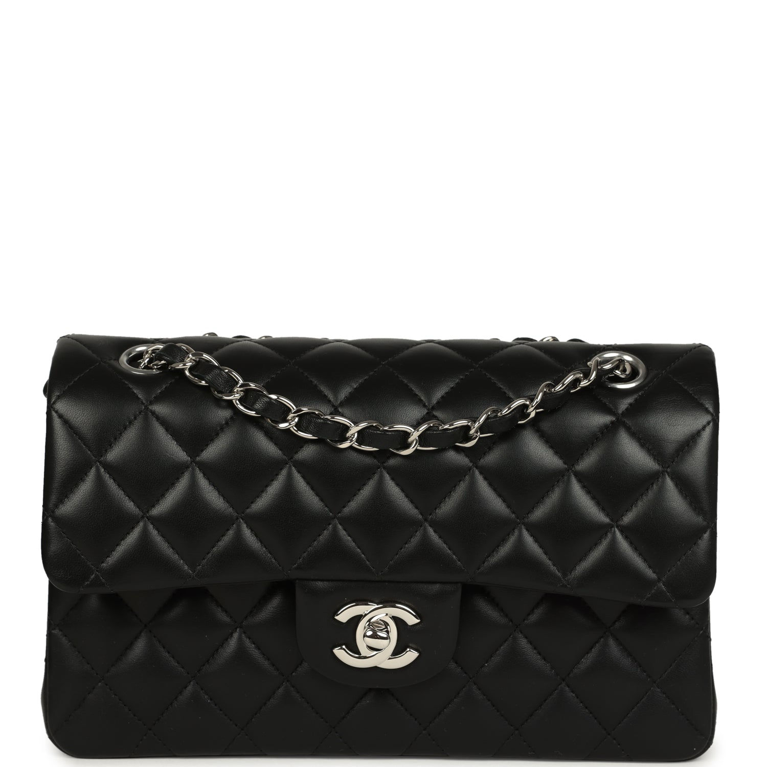 Chanel Small Classic Double Flap bag in black lambskin, front view with silver chain strap
