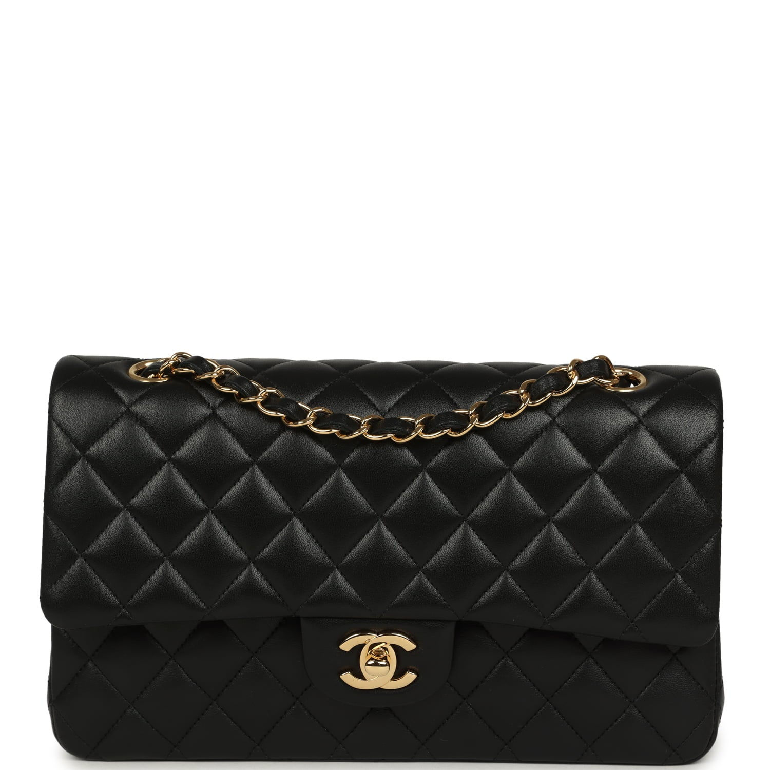 Chanel Medium Classic Double Flap bag in black lambskin with gold chain strap, front view