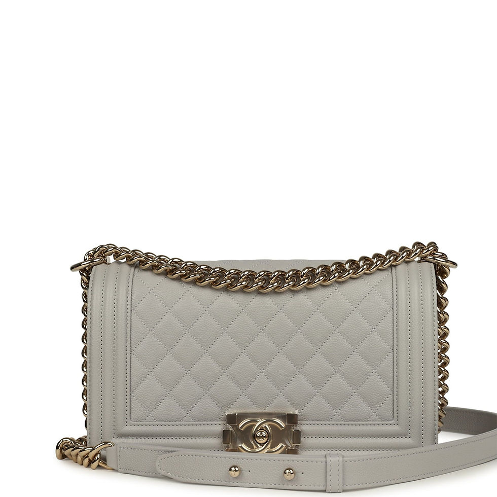 Front view of the Chanel Medium Boy bag in light grey quilted caviar with gold-tone clasp