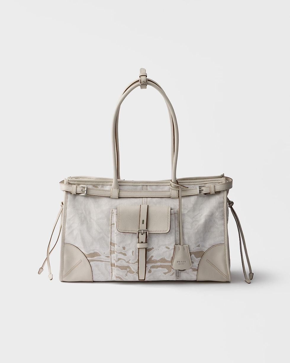 Prada Bonnie Large bag in white printed linen and leather – front view