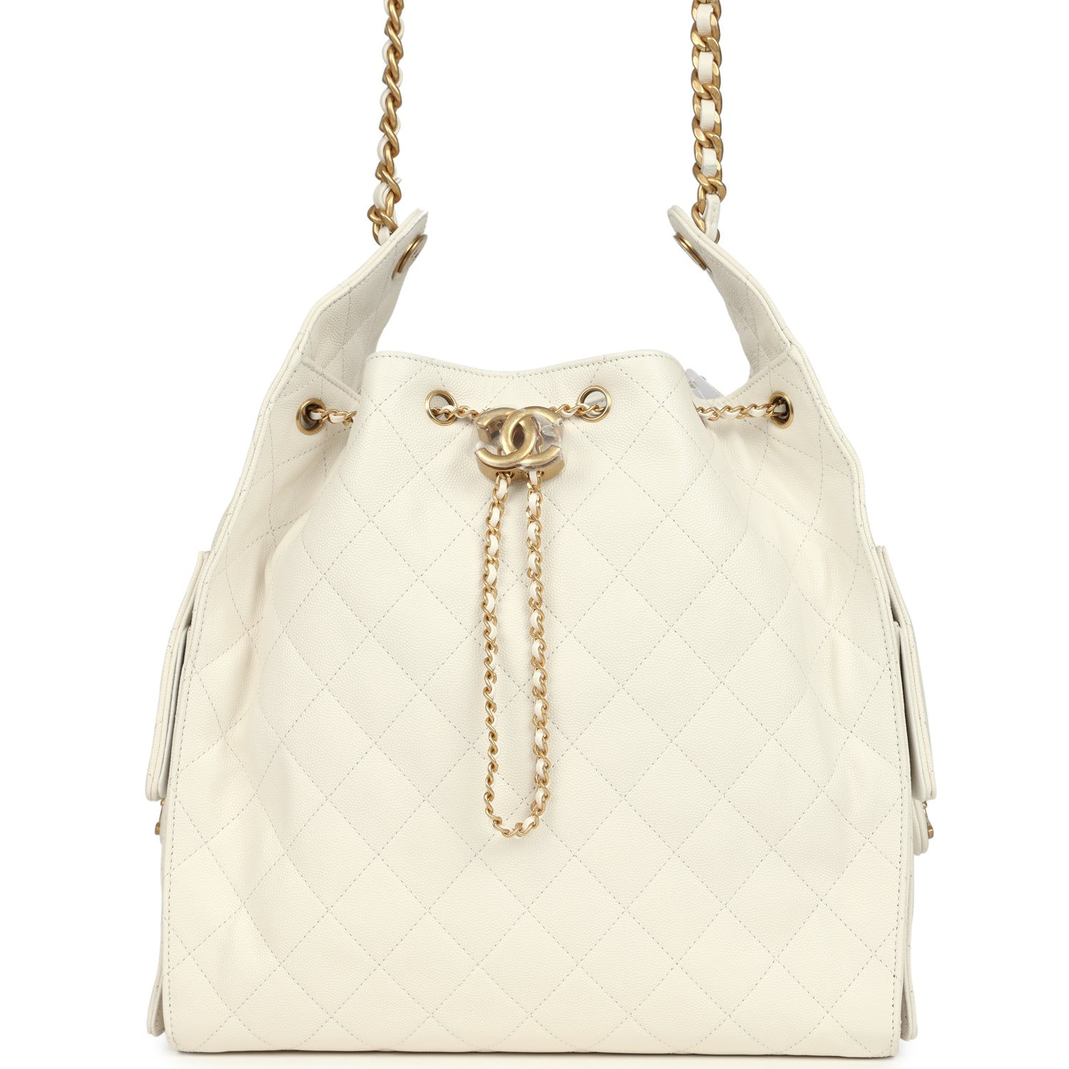 Chanel 25 Medium hobo bag in white caviar leather with gold-tone chain straps