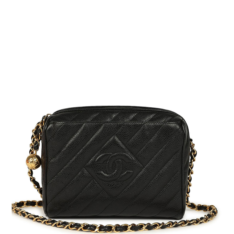 Chanel Mini Diagonal Quilted Camera bag in black caviar leather with gold-tone chain strap and ball charm