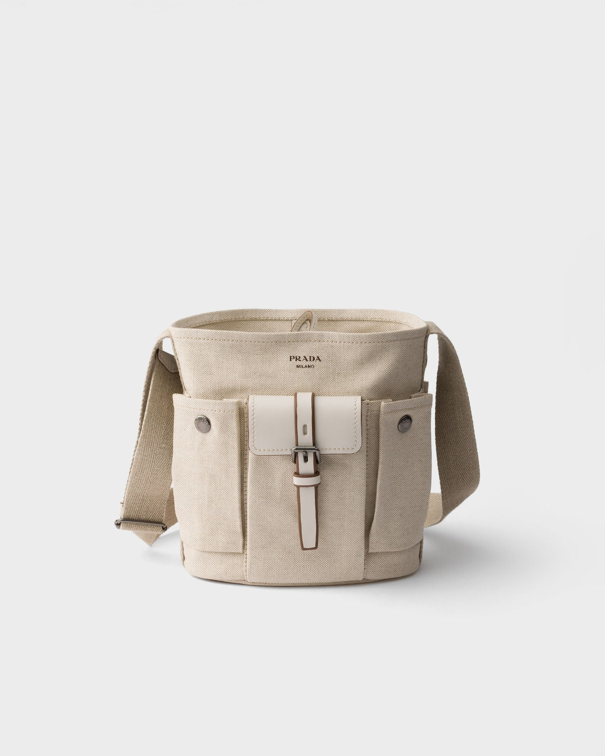 Prada Route mini bucket bag in natural canvas and leather – front view