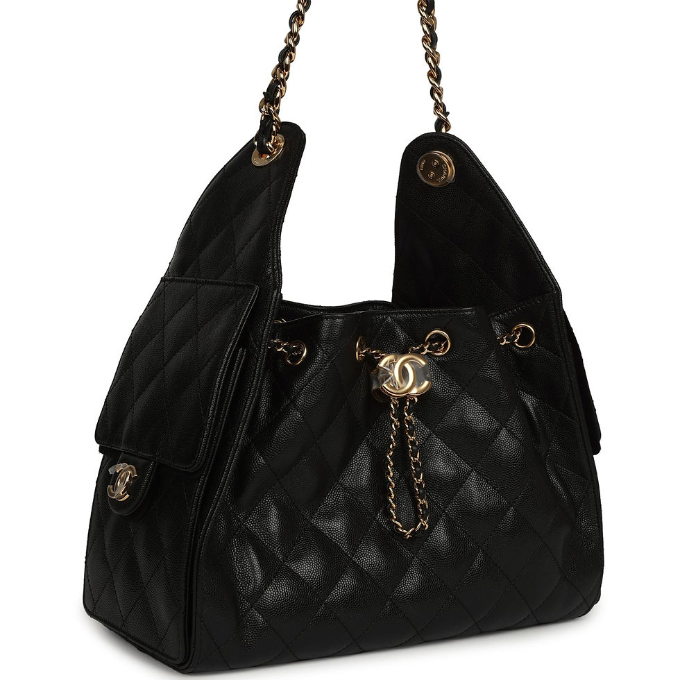 Three-quarter view of the black caviar hobo bag showing the quilted side flap pocket