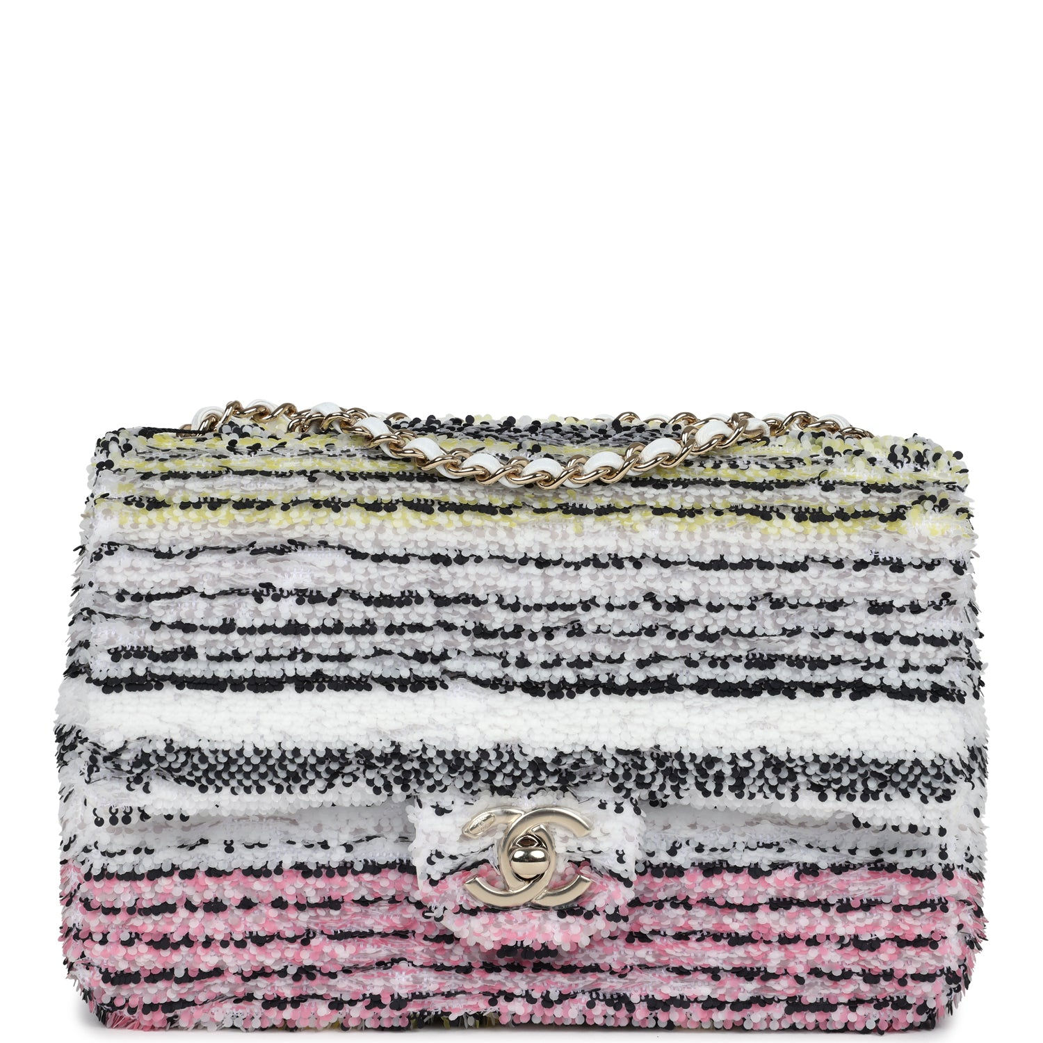 Chanel Mini Rectangular Flap Bag in white multicolour sequin, front view with light gold CC turnlock