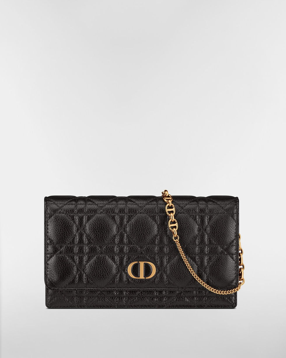 Dior Caro Pouch with Chain in black Cannage calfskin – front view