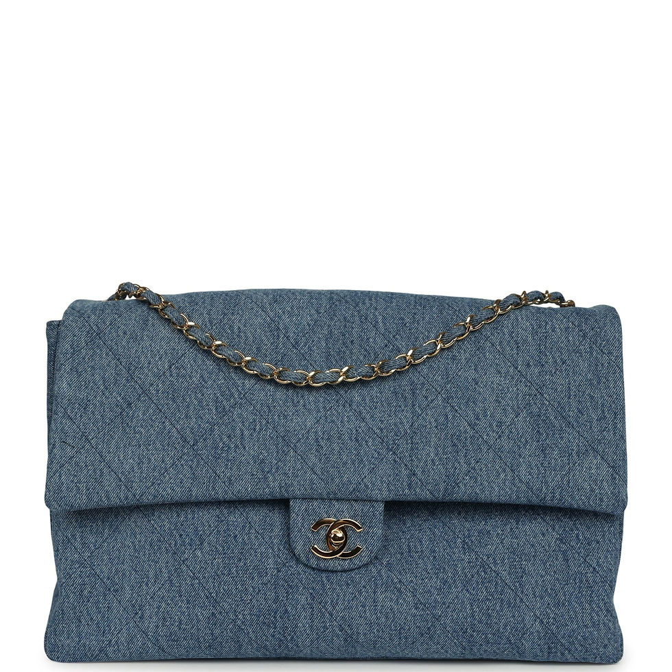 Chanel Maxi Souplissimo flap bag in blue denim with gold CC turn-lock and chain strap