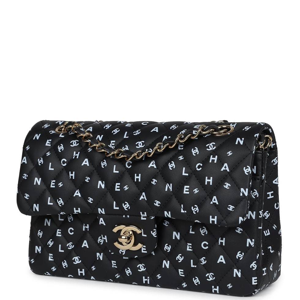 Thumbnail: Three-quarter front view of the logo-print Chanel Small Classic Flap with chain strap draped over the flap