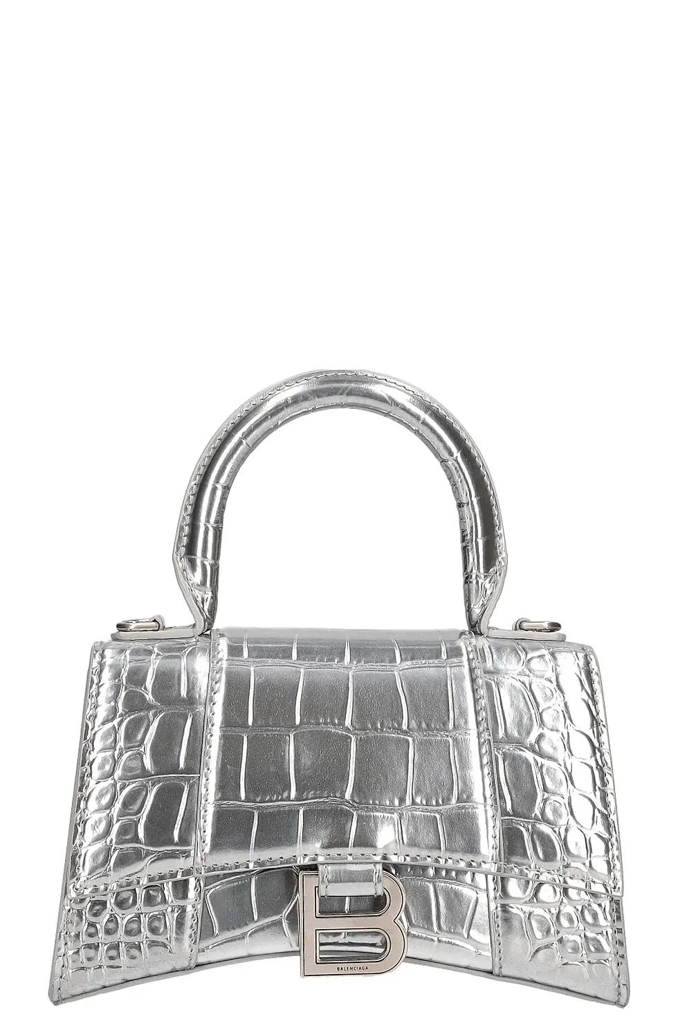 Balenciaga XS Hourglass bag in silver crocodile-embossed calfskin, front view with top handle