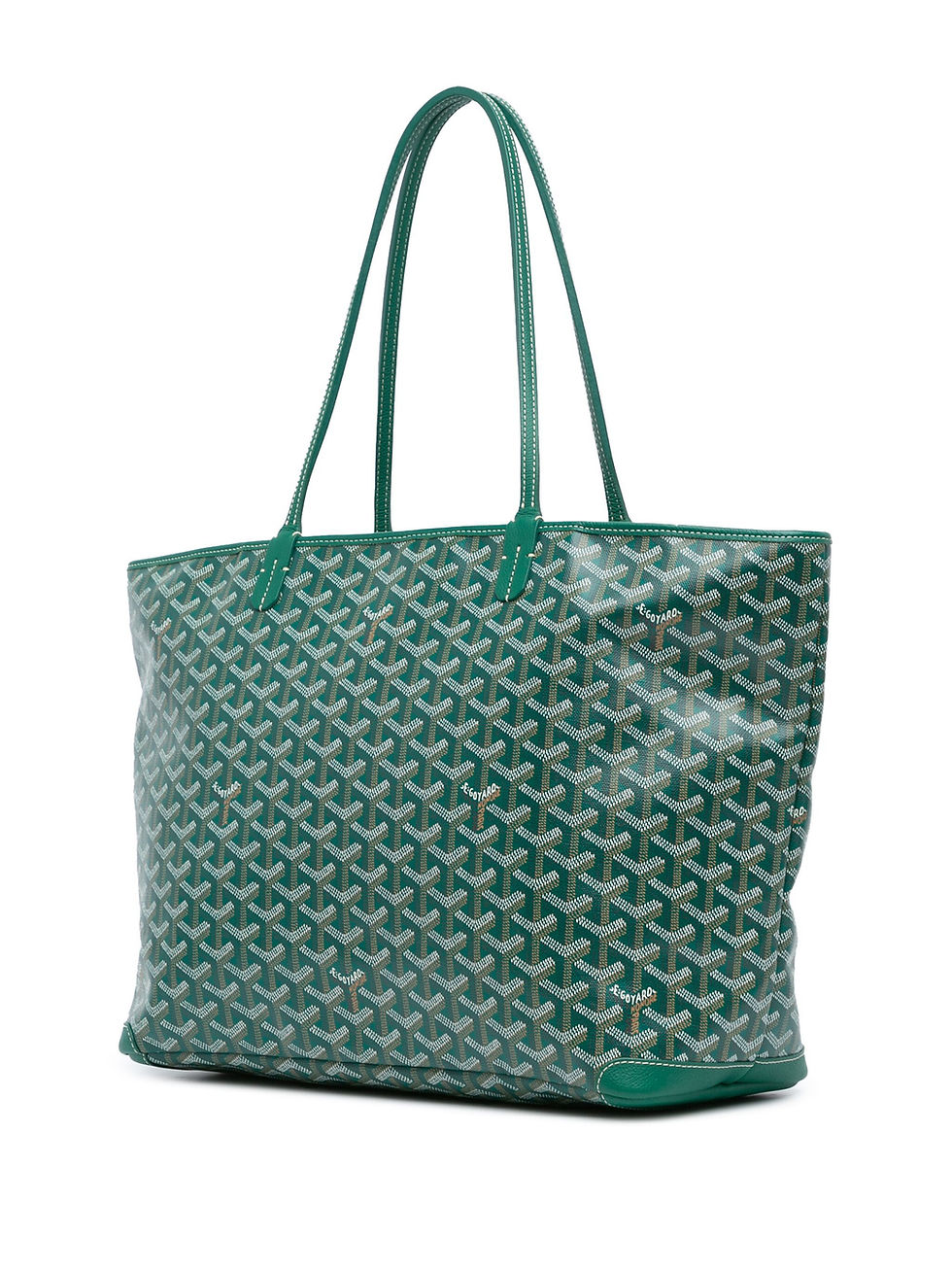 Thumbnail: Angled view of the reversible Saint Louis tote in green chevron Goyardine canvas