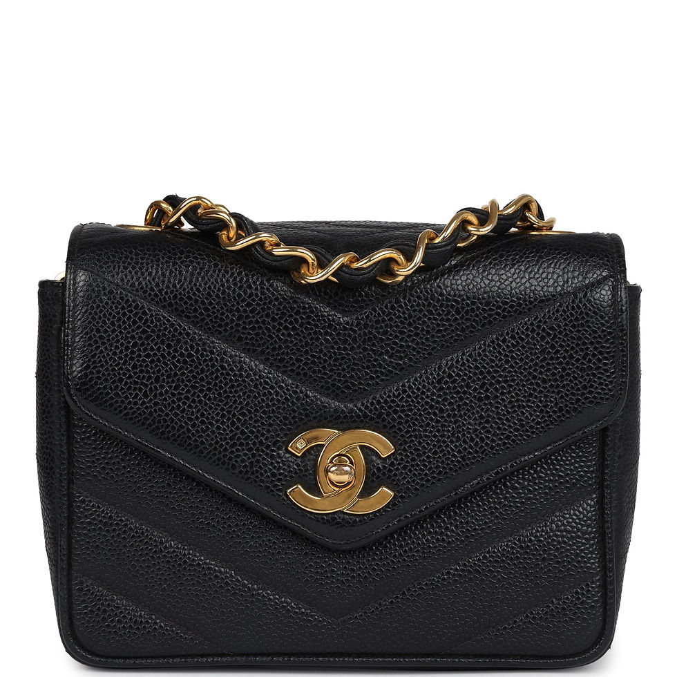 Front view of the vintage Chanel chevron envelope flap bag in black caviar leather with gold hardware