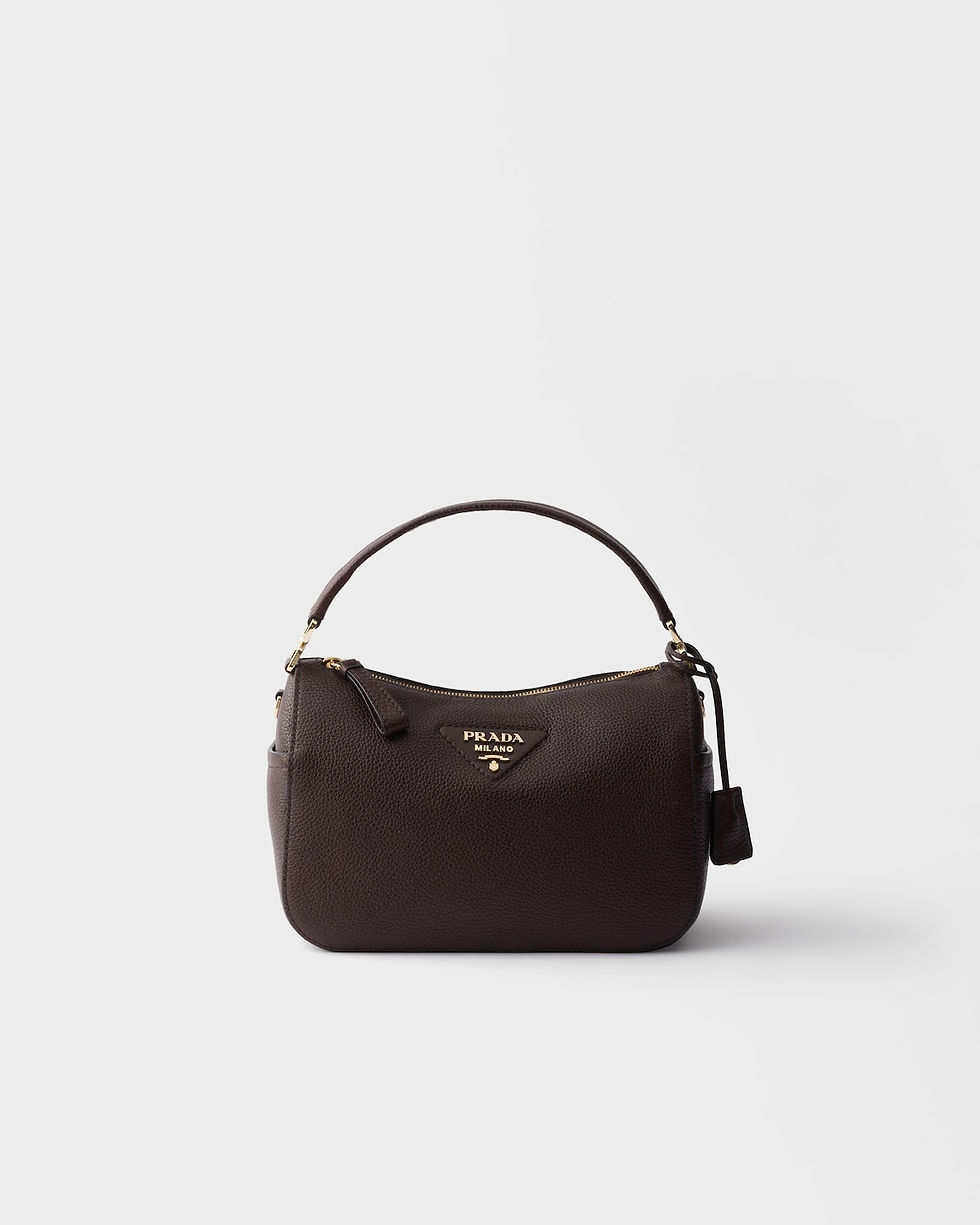Prada small shoulder bag in dark brown calfskin with Re-Nylon interior – front view