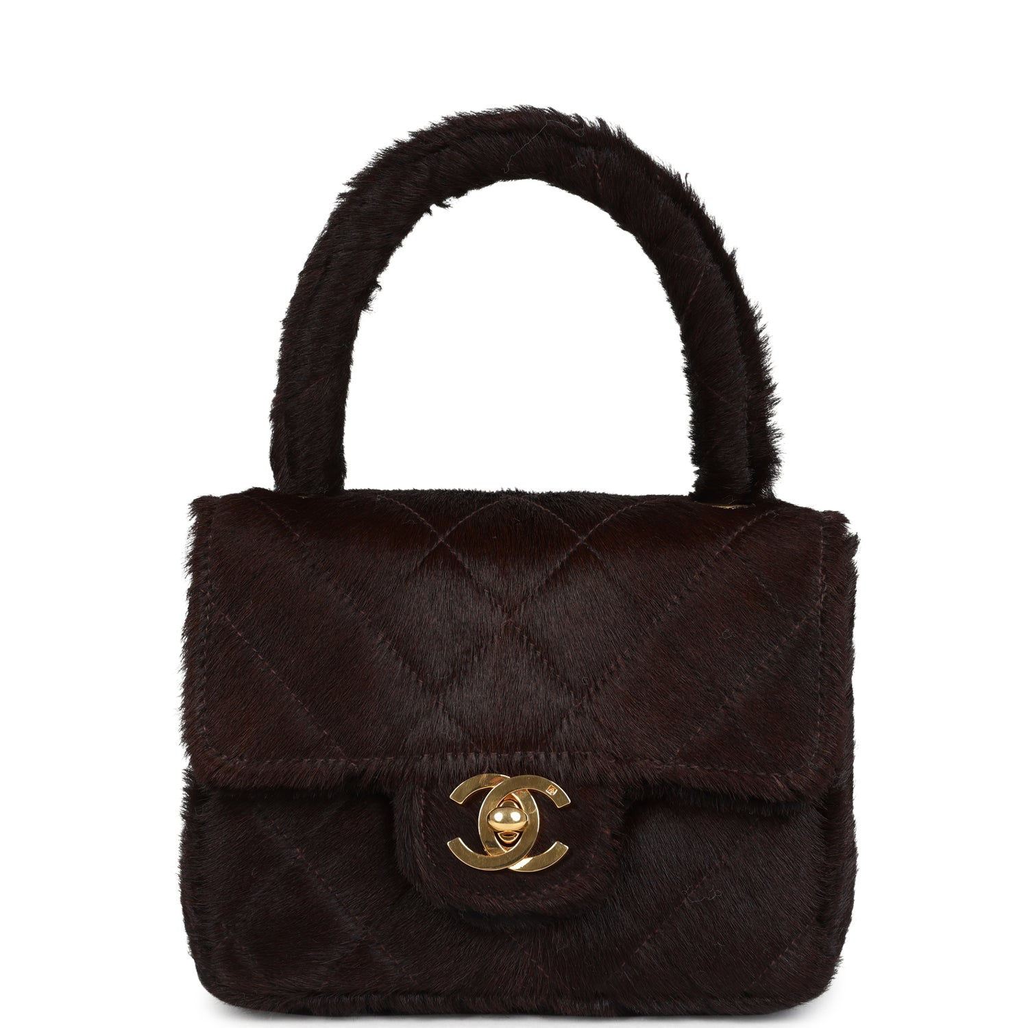 Vintage Chanel Micro Kelly Child bag in dark brown pony hair with gold CC turn-lock