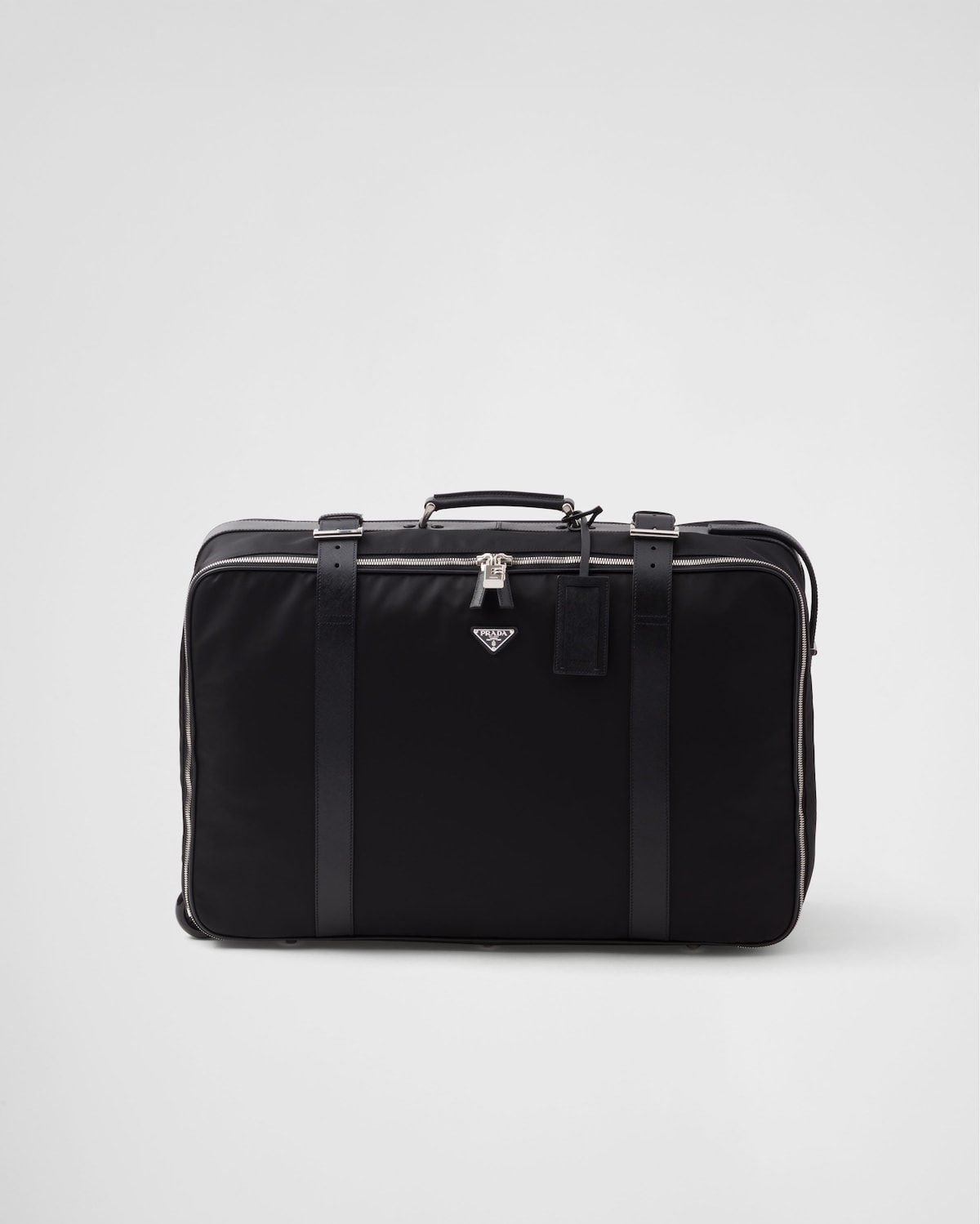 Prada small suitcase in black Re-Nylon and Saffiano leather – front view