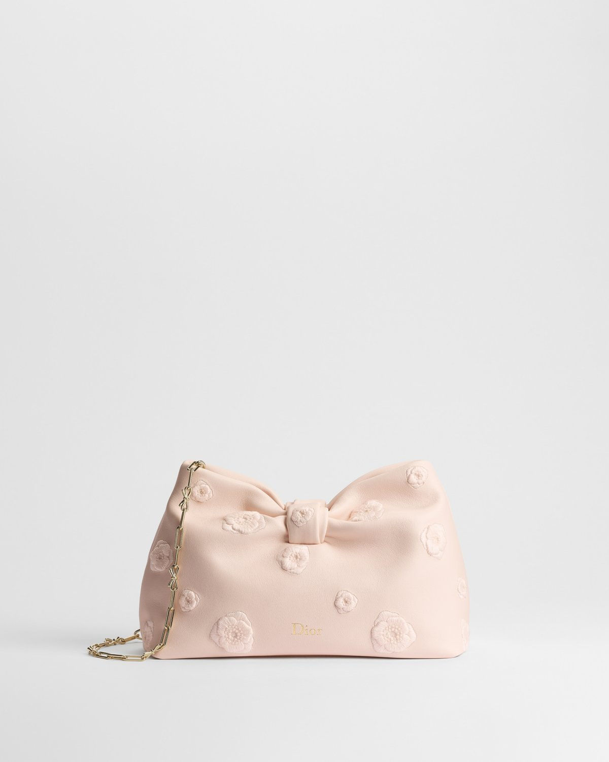 Dior Small Bow Bag in Ballet Pink Embroidered Lambskin with Dior Poppy Motif – front view