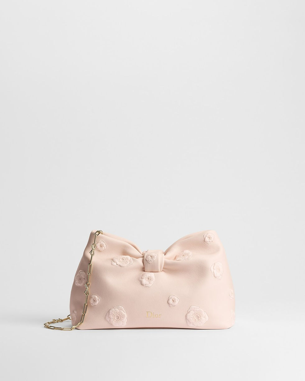 Dior Small Bow Bag in Ballet Pink Embroidered Lambskin with Dior Poppy Motif – front view
