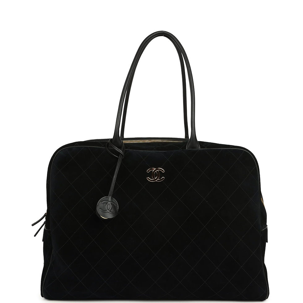 Front view of the Chanel Maxi Perfect Bowling bag in black suede with gold CC clasp