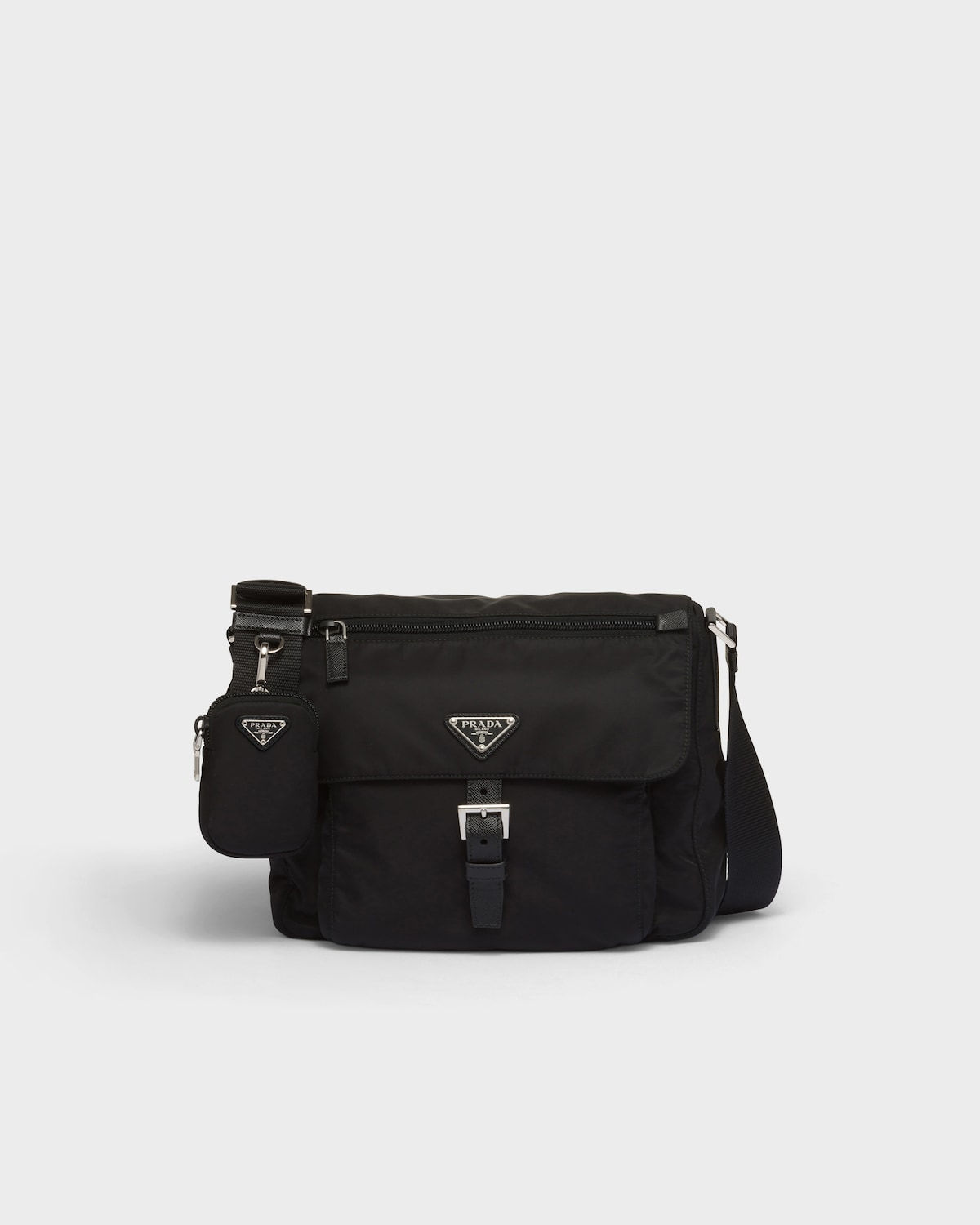 Prada shoulder bag with buckle pocket in black Re-Nylon – front view