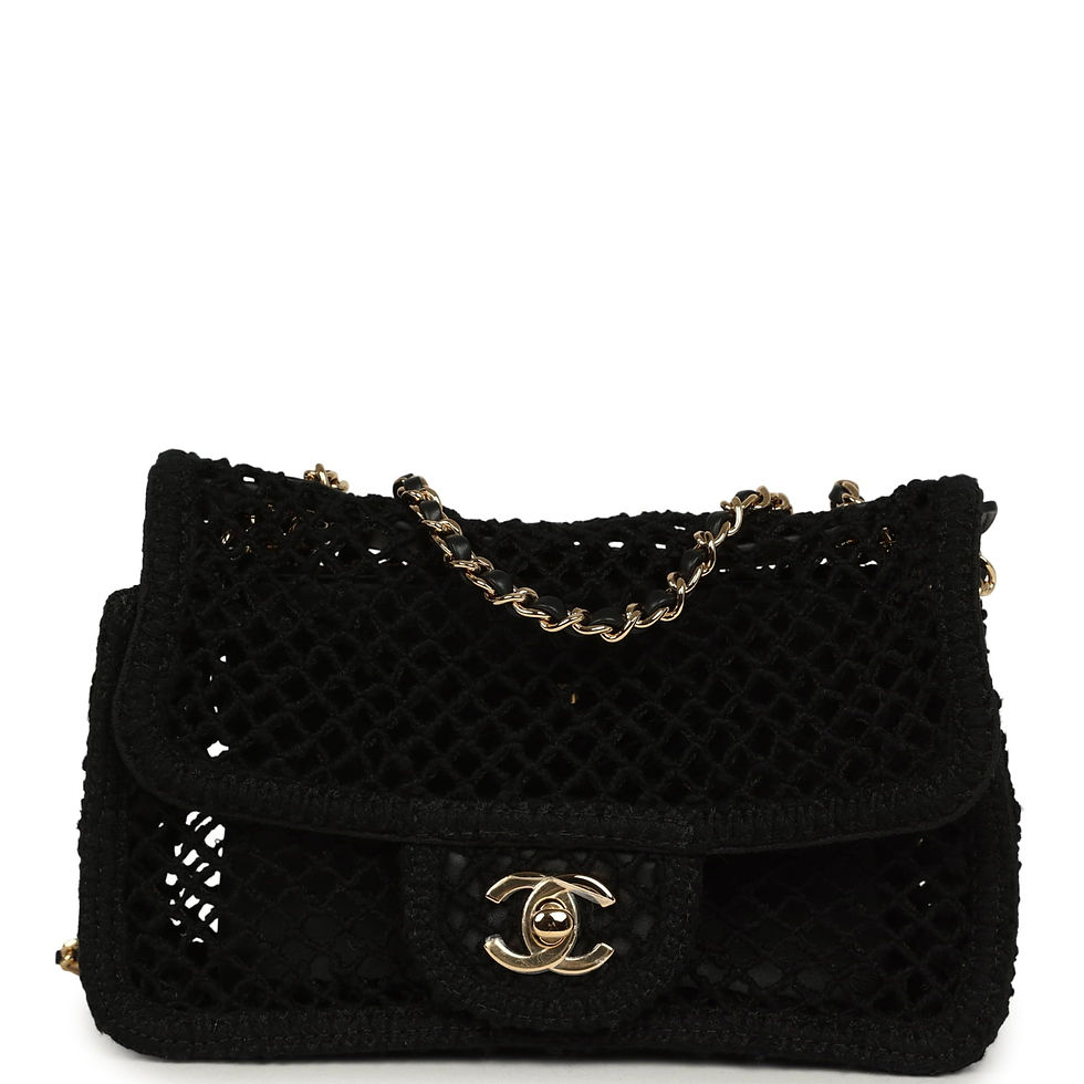 Front view of a black woven macramé Chanel flap bag with gold-tone CC turnlock and chain strap