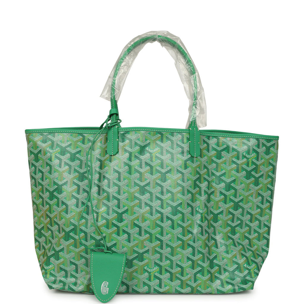 Goyard Saint Louis PM tote in Meadow Green Goyardine canvas, front view with handles wrapped in film