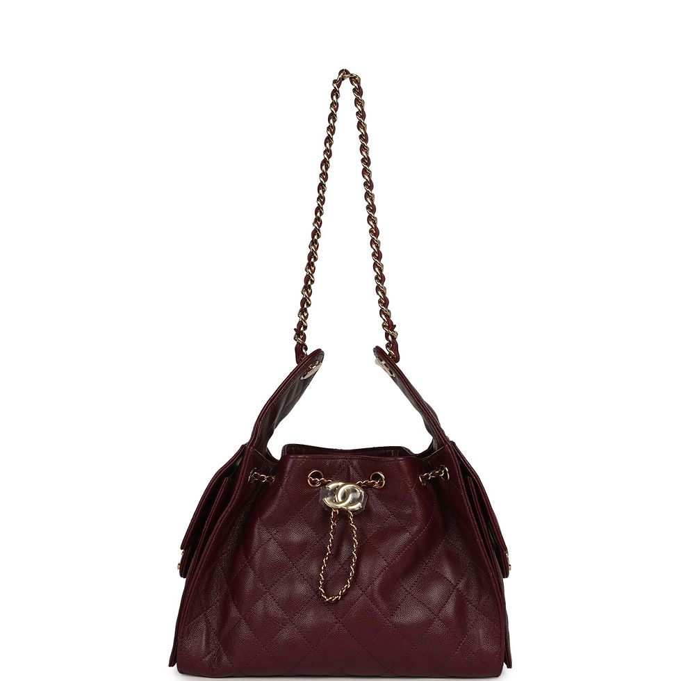Thumbnail: Base of the Chanel hobo bag in quilted dark burgundy caviar leather