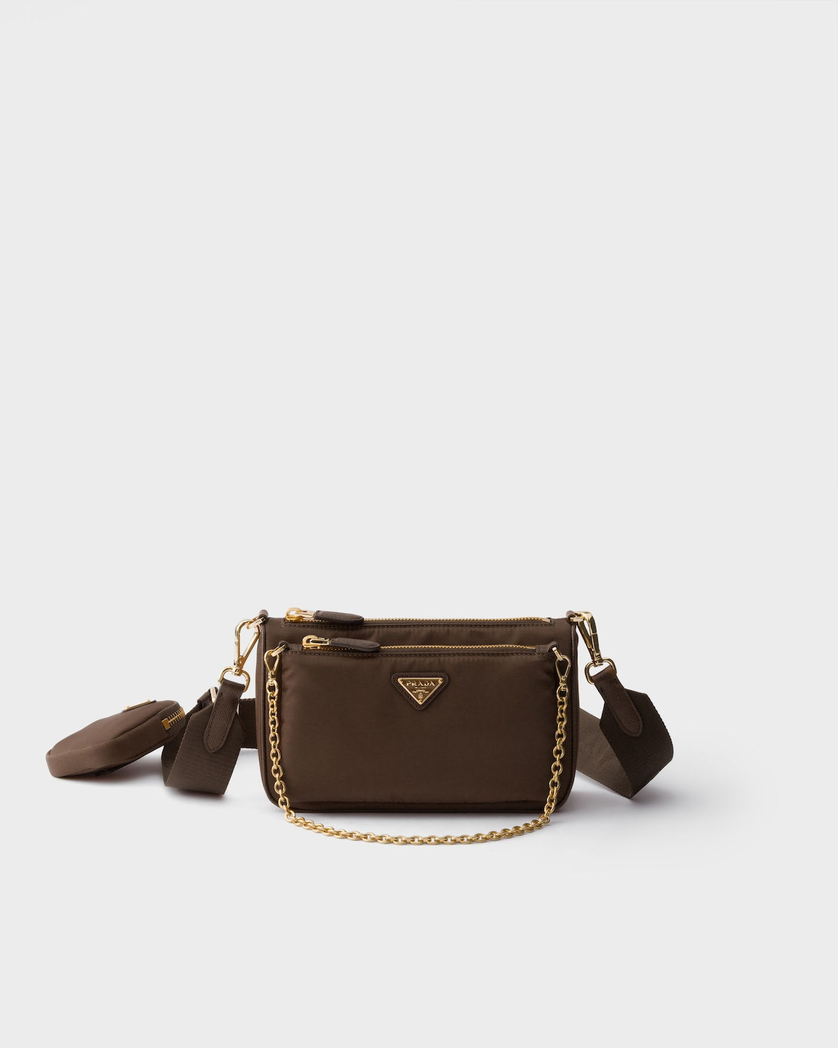 Prada mini shoulder bag with chain in burnt brown Re-Nylon and Saffiano leather – front view