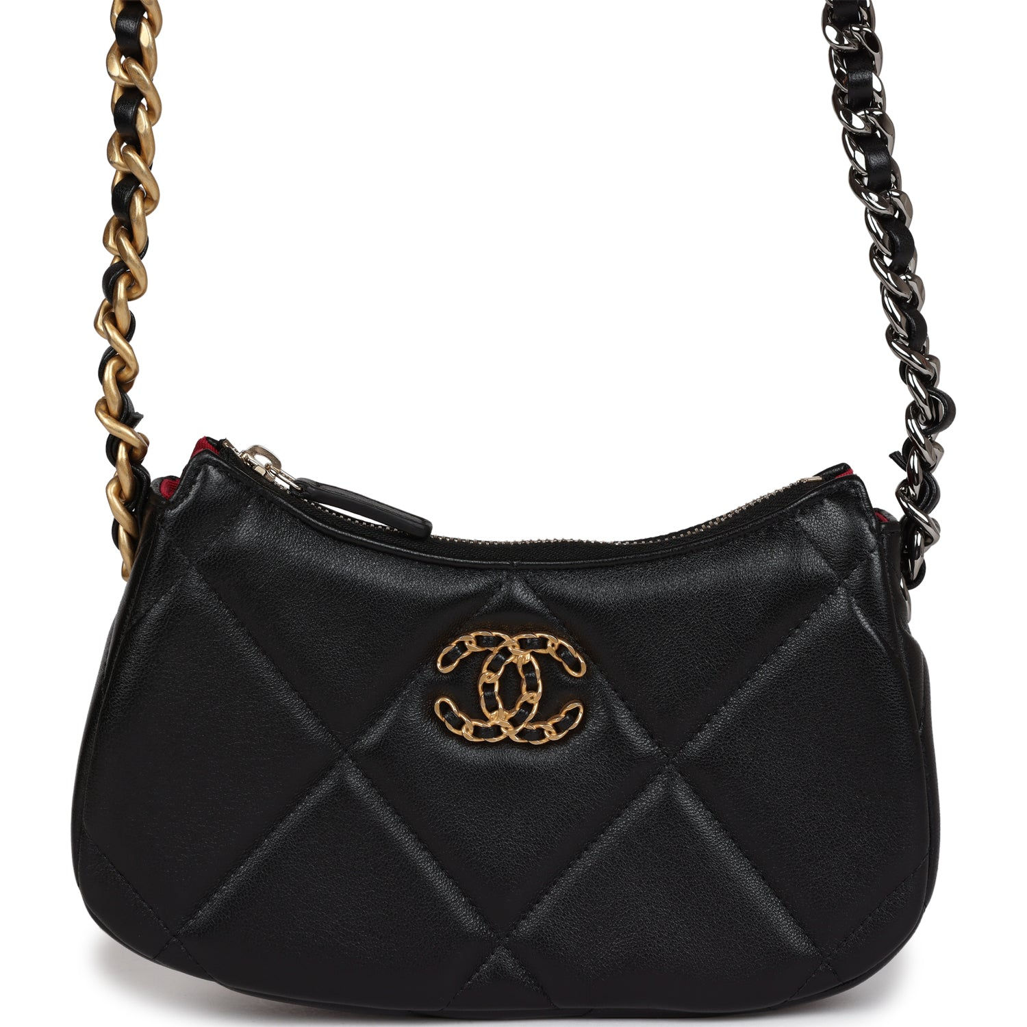Chanel 19 hobo bag in black diamond-quilted calfskin with mixed metal chain strap and woven CC turnlock