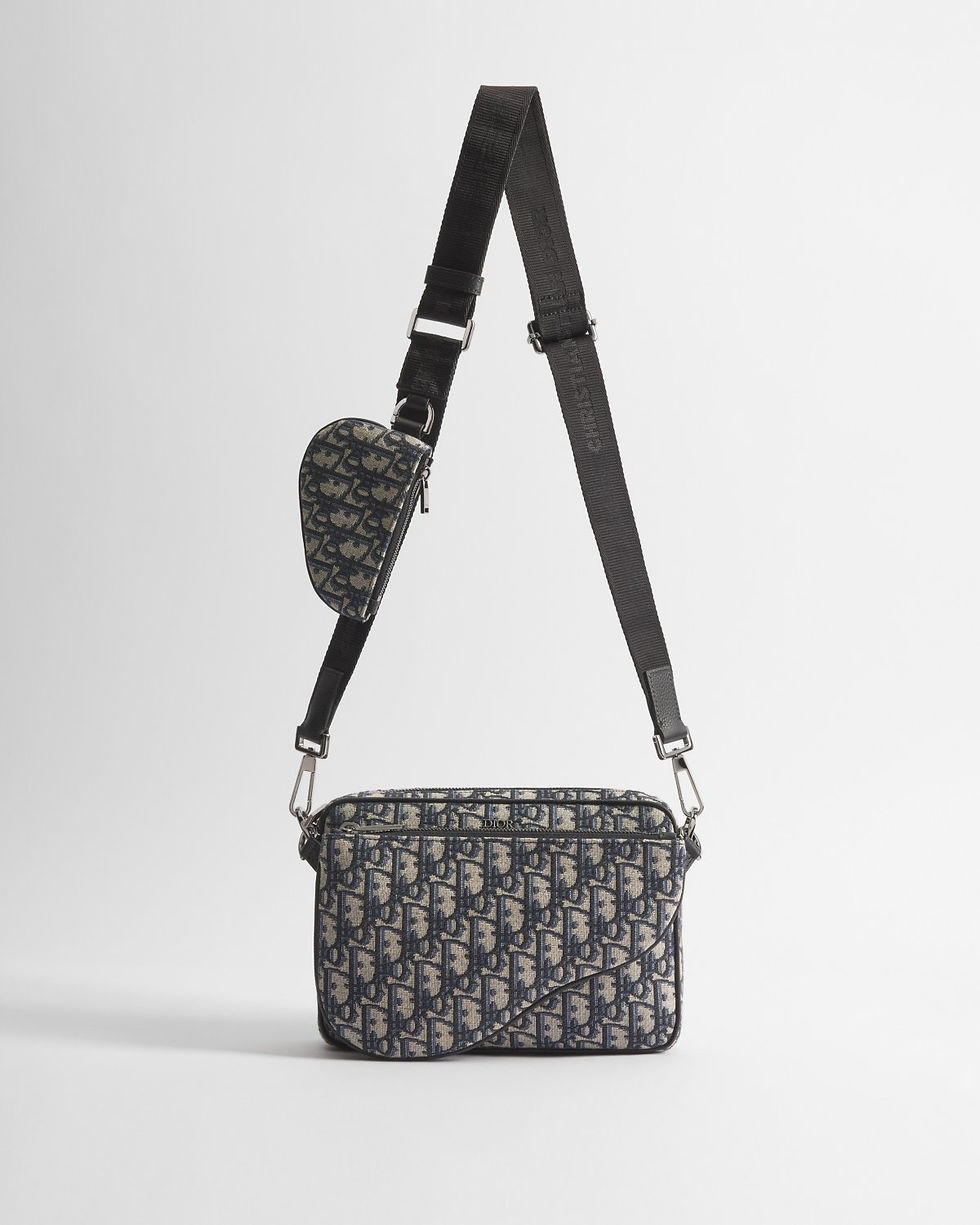 Dior Saddle Triple Pouch in beige and black Dior Oblique jacquard – front view with strap and nano pouch