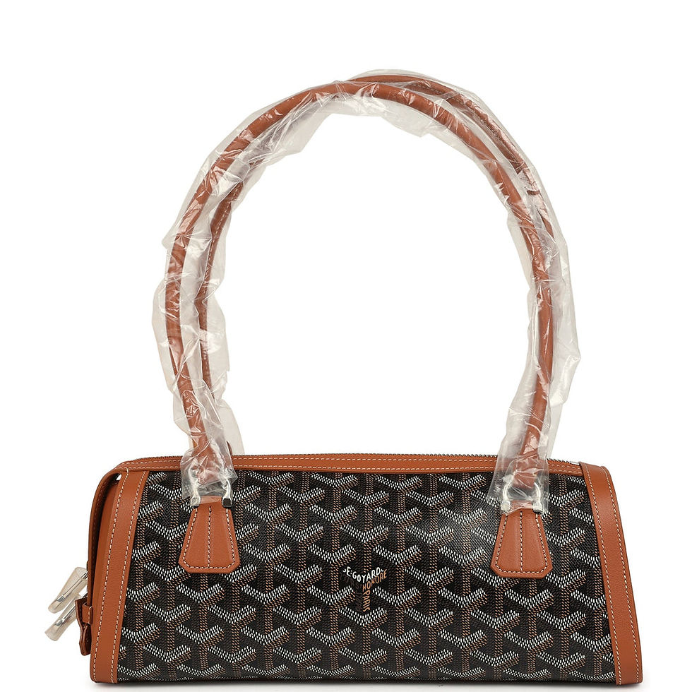 Goyard Bonbonnière bag in Black and Brown Goyardine canvas with tan leather trim, front view