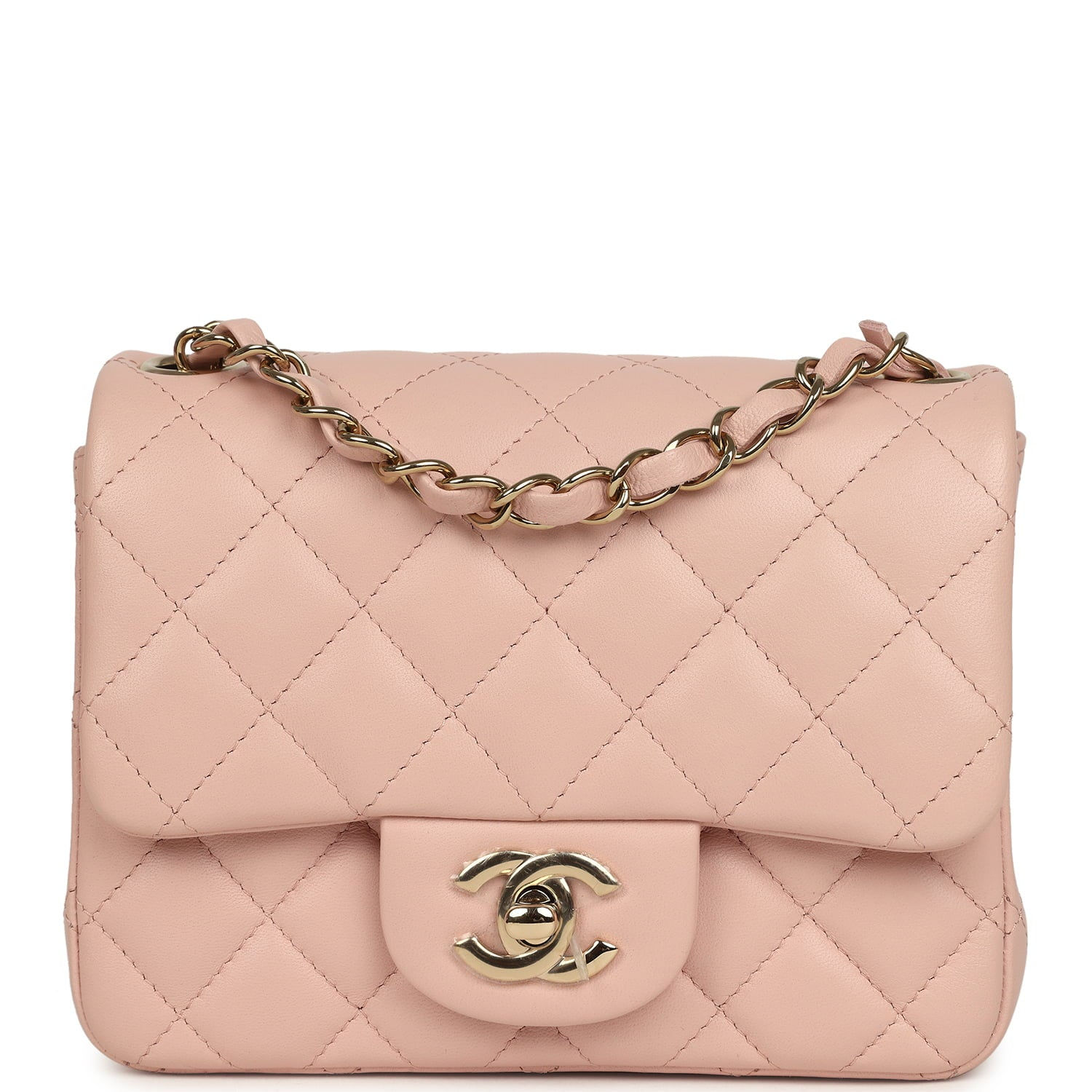 Chanel Mini Square Flap bag in pink quilted lambskin, front view with chain strap