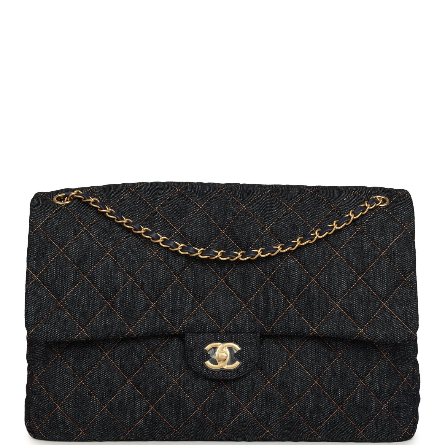 Front view of the Chanel XXL Classic Single Travel Flap Bag in dark blue denim with brushed gold-tone hardware