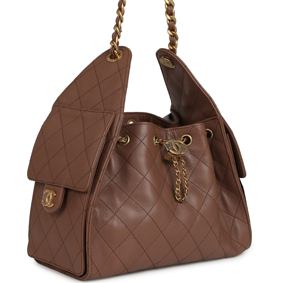 Three-quarter view of the brown caviar hobo bag showing the quilted side pocket and chain strap